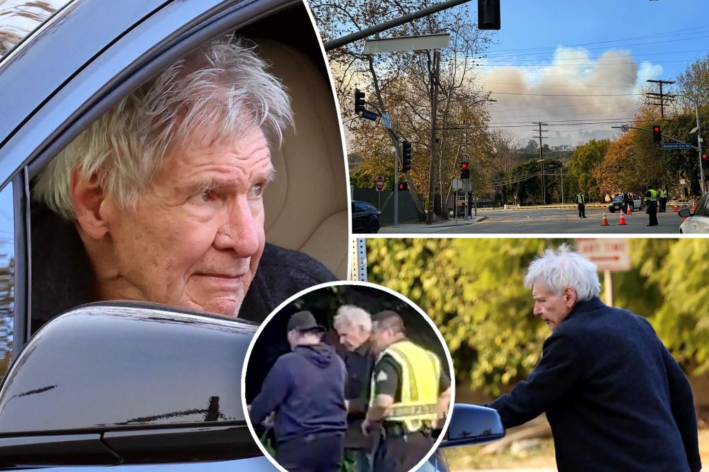 Harrison Ford talks to cops as he tries to get to his Brentwood home as the Palisades fire rages through Los Angeles