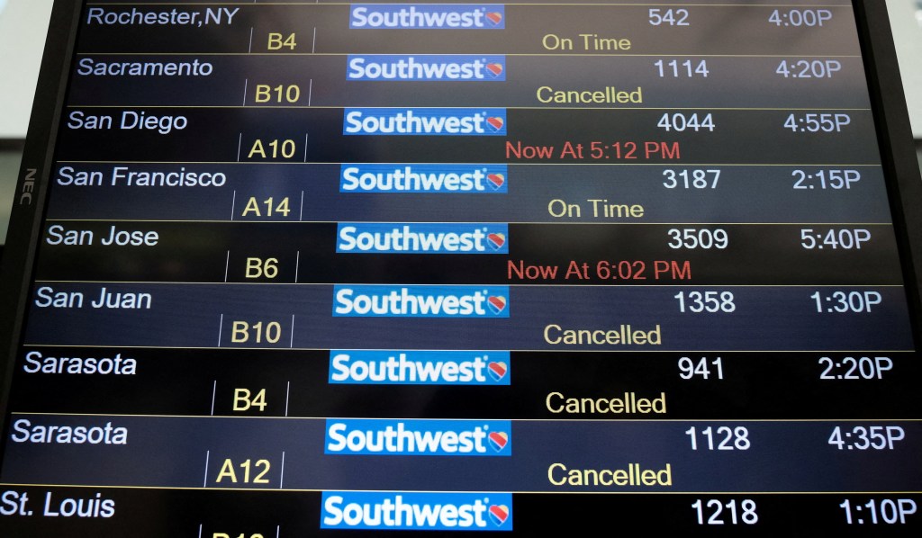 Table showing Southwest flight cancellations