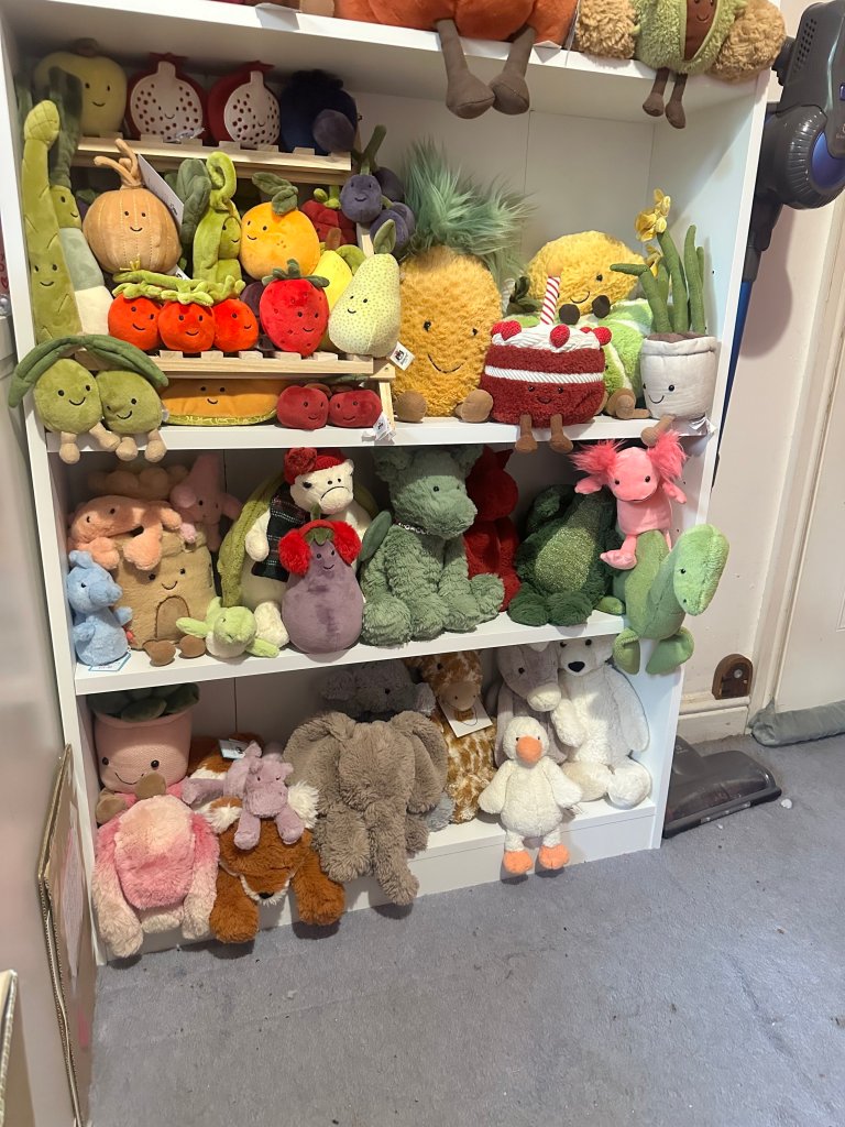 Megan's extensive collection of Jellycat plush toys displayed on a shelf, including Flynn the dragon, a pink bunny and an ice cream toy