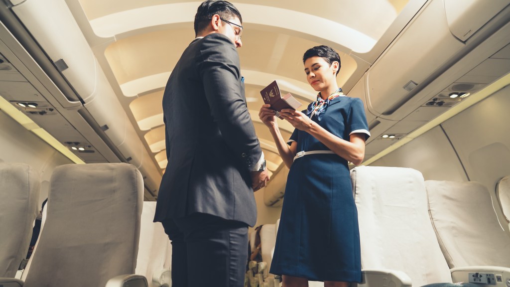 A member of the cabin crew who welcomes a passenger on a plane for air transport and tourism