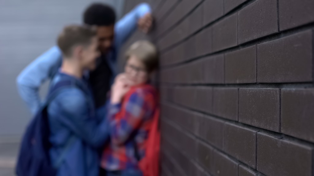 Group of students harassing a classmate in a backyard, the person leaning on a fragile wall with 'Dumb Donut' written on the forefront