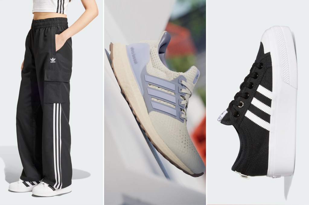 A collage of a woman wearing pants and adidas shoes