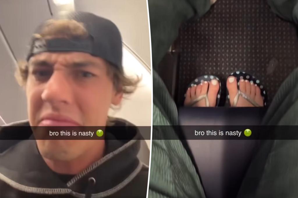 The plane passenger who will not move his legs stripped out of the Flyer Flyer's personal space gets 'instant karma'