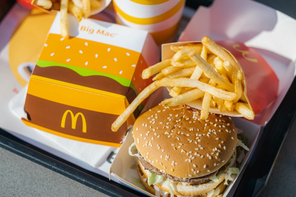 McDonald's Big Mac, Cheeseburger, Frances Fries and Cola tray in a restaurant in Kemer, Turkey